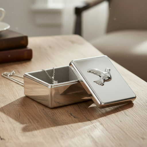 Silver Confirmation jewelry box with a Holy Spirit dove emblem on a wooden surface