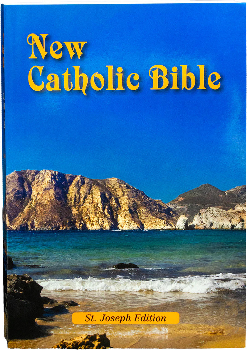 Book titled 'New Catholic Bible St. Joseph Edition' with a scenic cover of a beach and mountains.