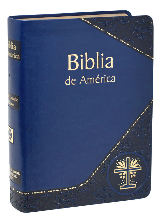Blue Bible with 'Biblia de America' text on the cover