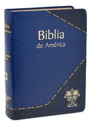 Blue Bible with 'Biblia de America' text on the cover