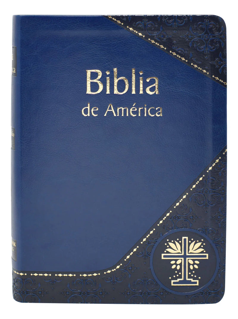 Blue Bible cover with 'Biblia de America' text and cross emblem
