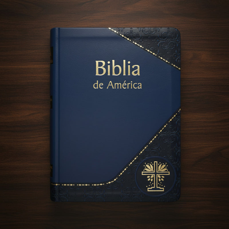 Blue Bible with 'Biblia de America' text on a wooden surface