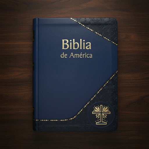 Blue Bible with 'Biblia de America' text on a wooden surface