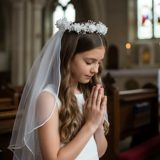 A young girl wears a sparkling floral First Communion Veil in a church.