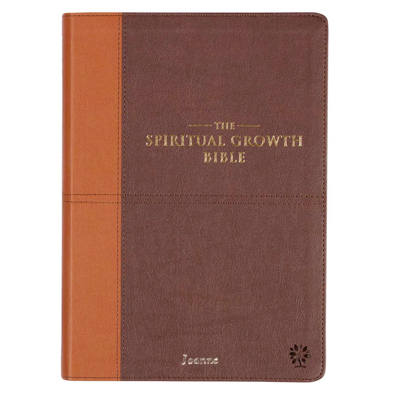 Brown and tan 'The Spiritual Growth Bible' with the name 'Joanna' on a white background