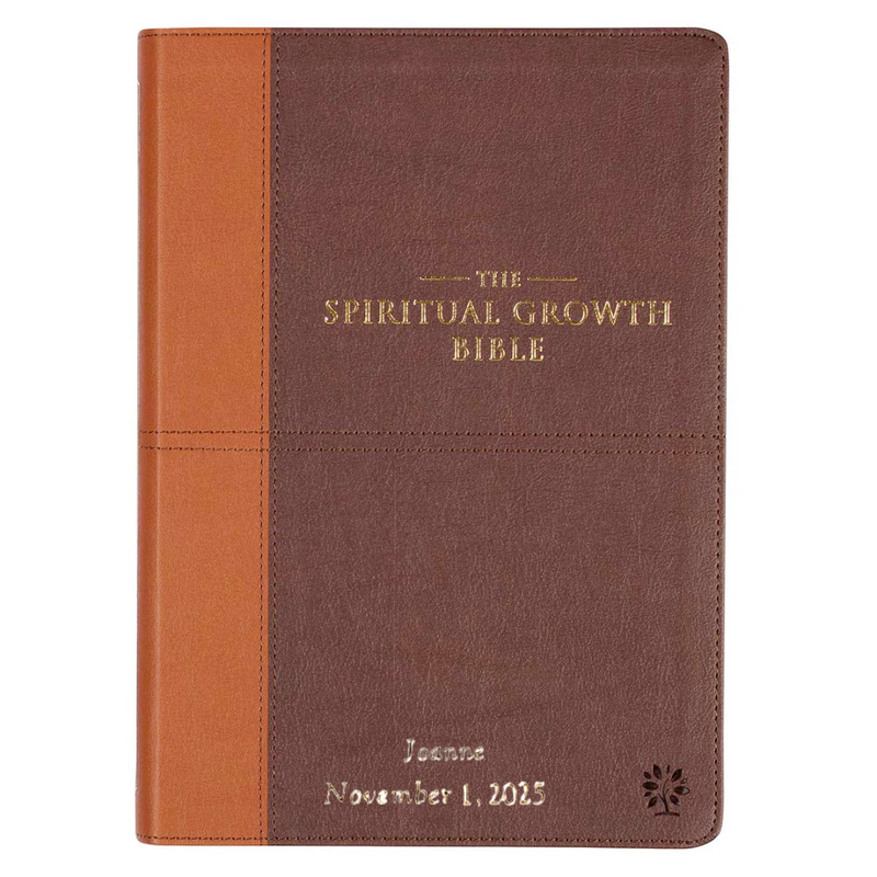 Brown and tan 'The Spiritual Growth Bible' with personalized text on a white background