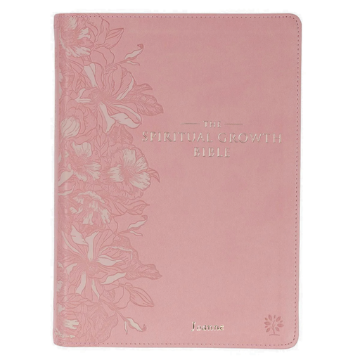 Pink book with floral design and 'The Spiritual Growth Bible' text on a white background