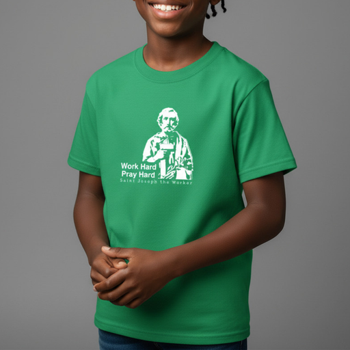 Child wearing a green t-shirt with a St. Joseph graphic and text on a gray background