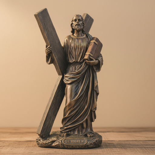 Bronze statue of St. Andrew holding a cross on a wooden surface with a beige background.