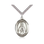 Silver Saint Blaise pendant on a chain against a white background