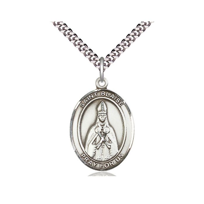 Silver Saint Blaise pendant on a chain against a white background