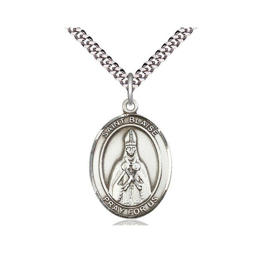 Silver Saint Blaise pendant on a chain against a white background