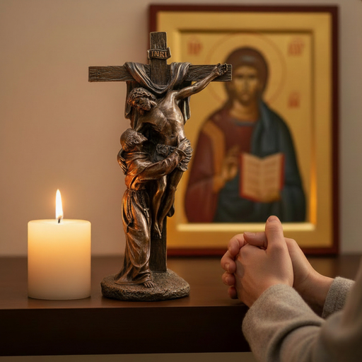 Statue of St. Francis of Assisi embracing the crucified Christ from cross with a lit candle and a religious icon in the background