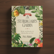 Book cover of 'St. Hildegard's Garden' on a wooden surface