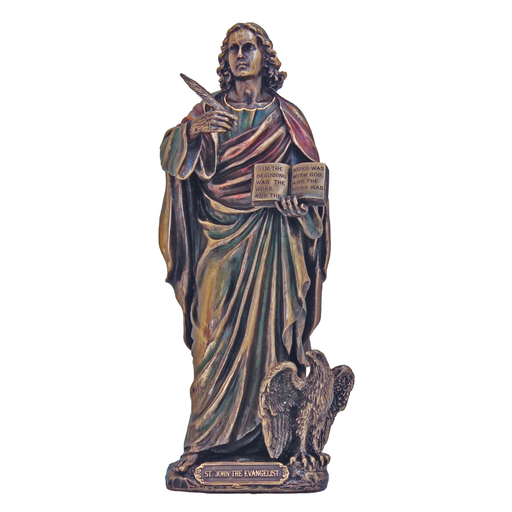 Statue of St. John the Apostle holding books and an eagle on a white background
