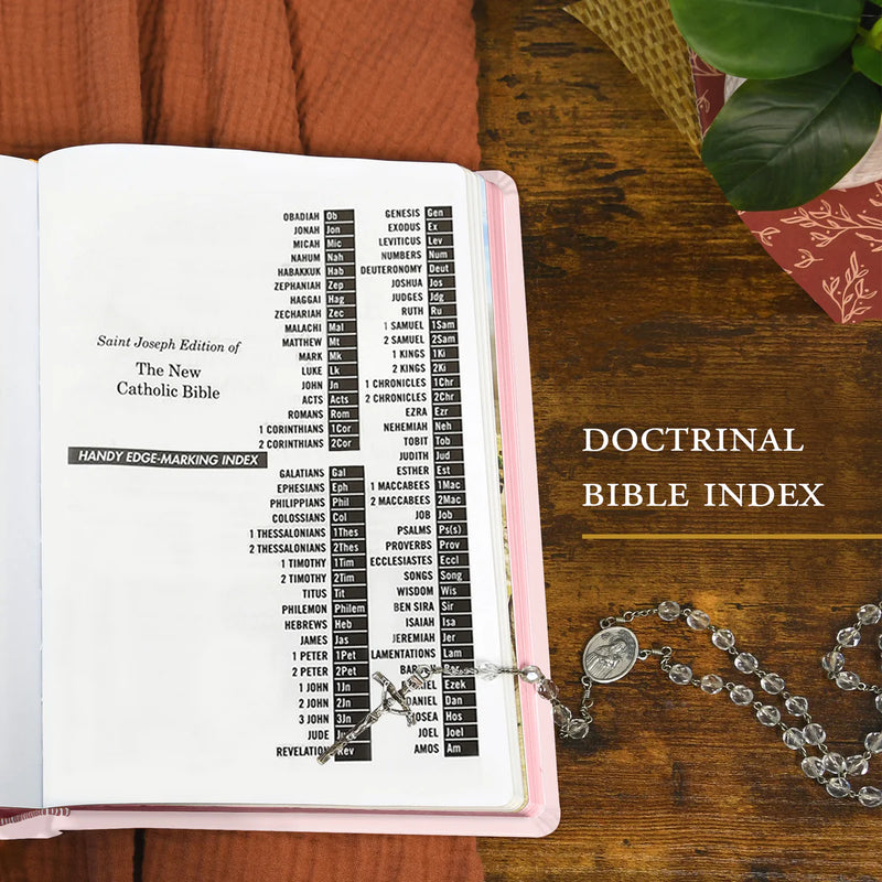 Open book with a doctrinal Bible index on a wooden surface, surrounded by a rosary and decorative items.