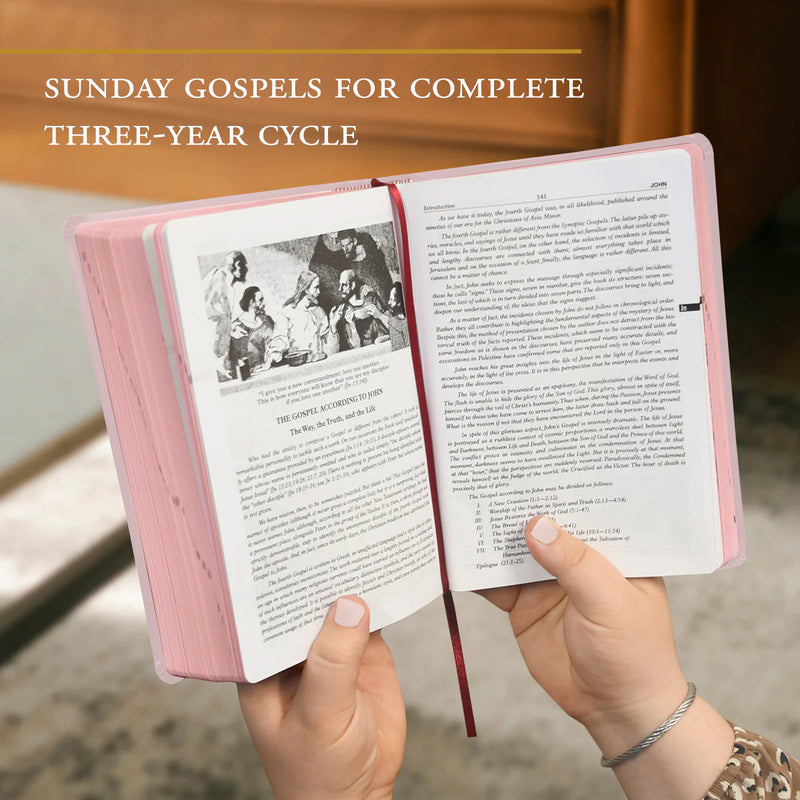 Open book with text and images held by a person, with 'Sunday Gospels for Complete Three-Year Cycle' text above.