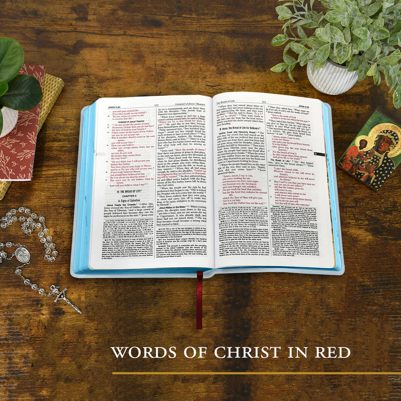 Open book with red text on a wooden surface, surrounded by plants and a rosary.