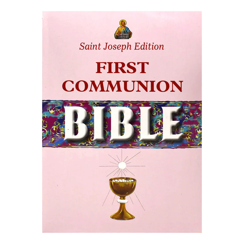 Saint Joseph Edition First Communion Bible on a pink background