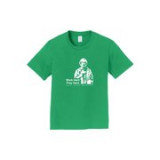 Green t-shirt with a graphic and text on a white background
