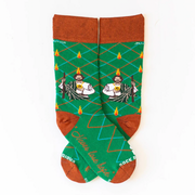 Vibrant green socks with an image of St. Jude on a white background