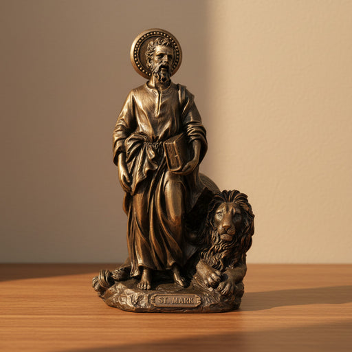 Bronze statue of St. Mark the Evangelist with a lion on a wooden surface