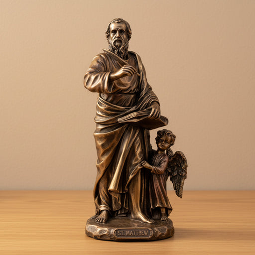 Bronze statue of St. Matthew the Apostle with an angel on a wooden surface and beige background