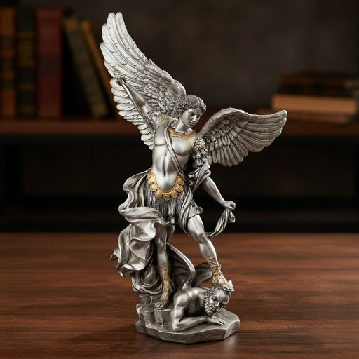 Statue of an angel with outstretched wings on a wooden surface
