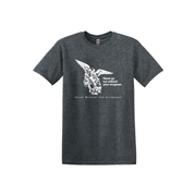 Dark gray t-shirt with white graphic of St. Michael the Archangel and text 'Never go out without your wingman' on a white background