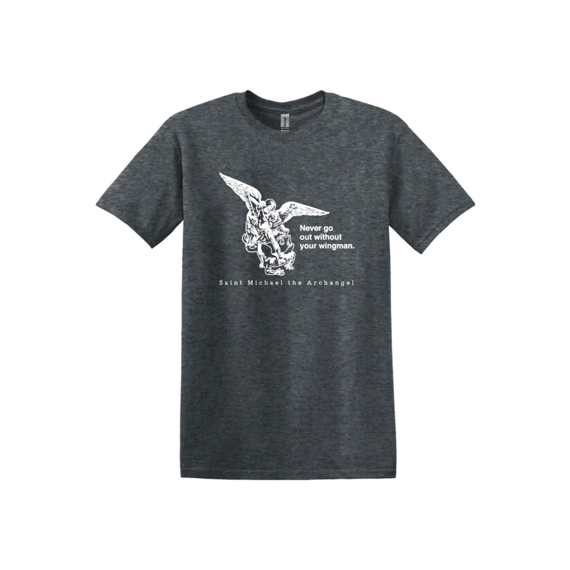 Dark gray t-shirt with white graphic of St. Michael the Archangel and text 'Never go out without your wingman' on a white background