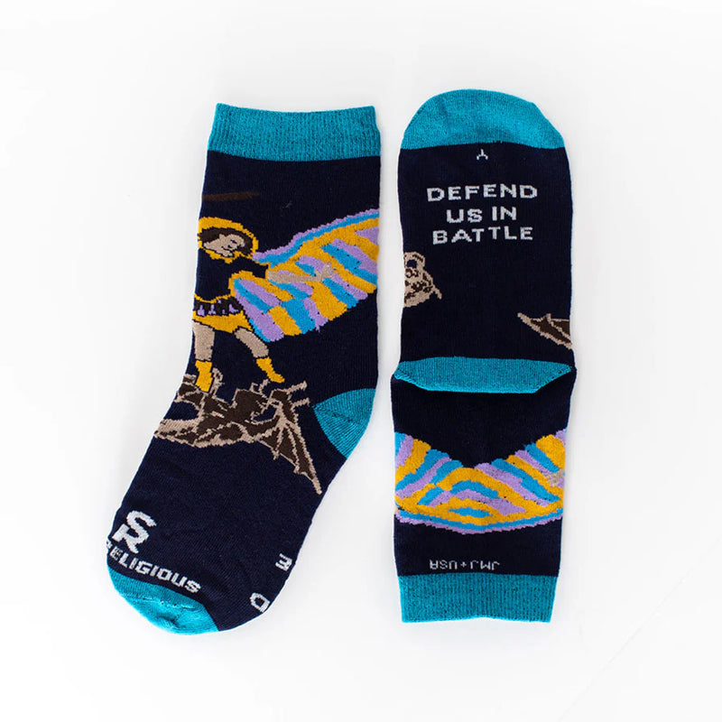 Colorful socks with images of St. Michael the Archangel on a white background
