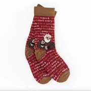 Red socks featuring an image of St. Padre Pio and text 'pray, hope, & don't worry' on a white background