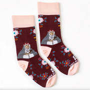 Burgundy and pink floral crew socks with an imagine of St. Rose of Lima.
