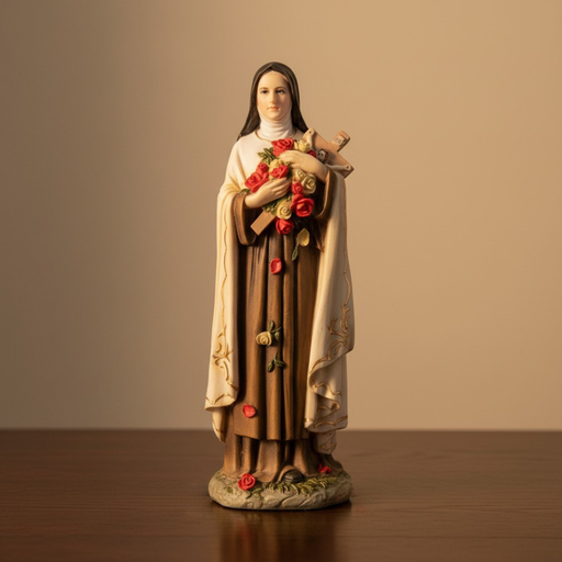 Statue of St. Therese of Lisieux holding flowers on a wooden surface with a beige background