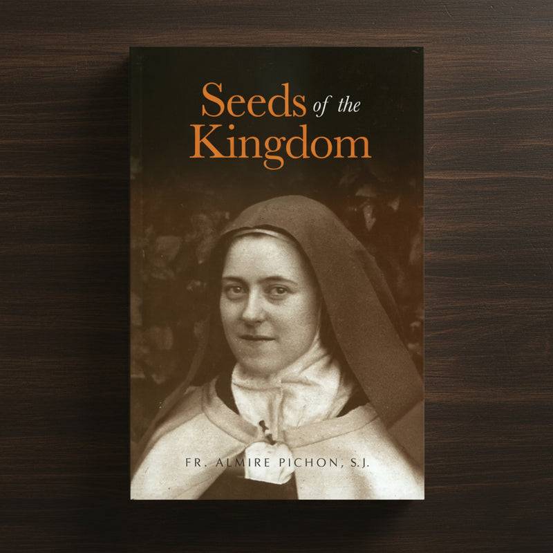 Book cover of 'Seeds of the Kingdom' with a black and white portrait of a nun on a wooden surface.