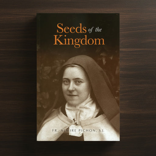 Book cover of 'Seeds of the Kingdom' with a black and white portrait of a nun on a wooden surface.