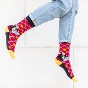 Person wearing bright red socks with an image of St. Thomas Aquinas holding an open book