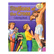 Coloring book cover titled 'Stations of the Cross' with illustrations of children and a crucifixion scene.