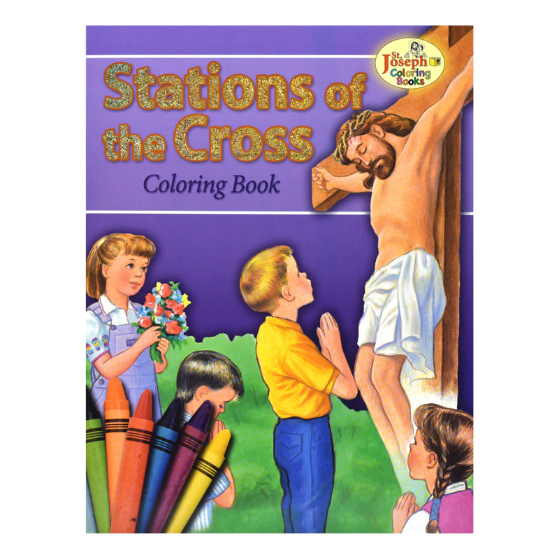 Coloring book cover titled 'Stations of the Cross' with illustrations of children and a crucifixion scene.