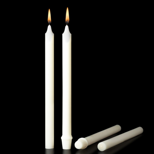 Two lit white candles with two unlit candles on a black background
