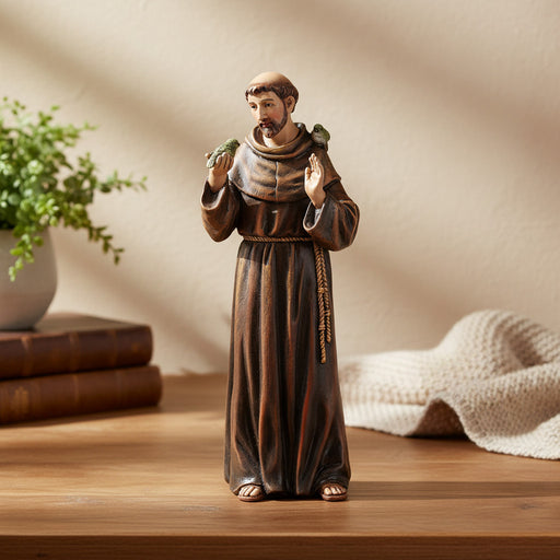 Statue of St. Francis of Assisi on a wood table/