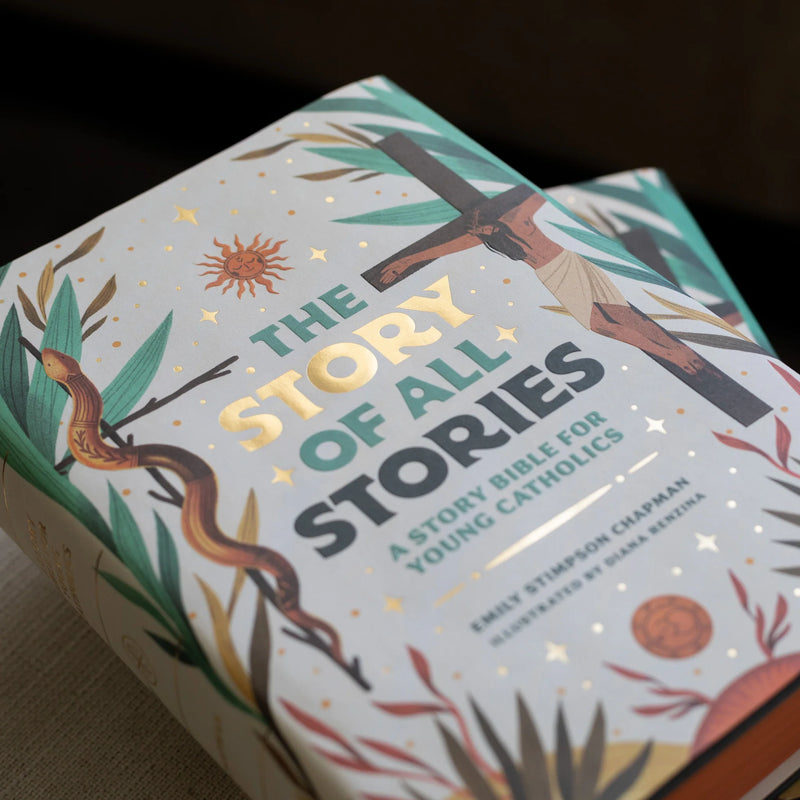 Book titled 'The Story of All Stories' for young Catholics with illustrations on the cover.