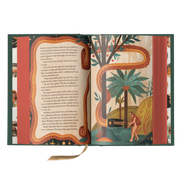 Open book with illustrated pages featuring a snake and garden scene.