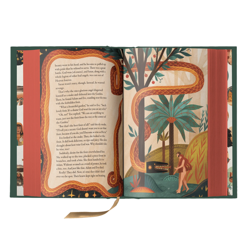 Open book with illustrated pages featuring a snake and garden scene.