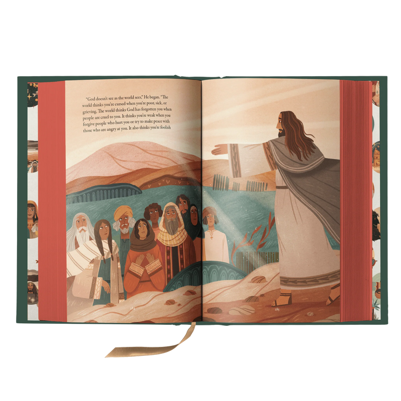 Open book with illustrated pages showing a religious scene with figures and landscape.