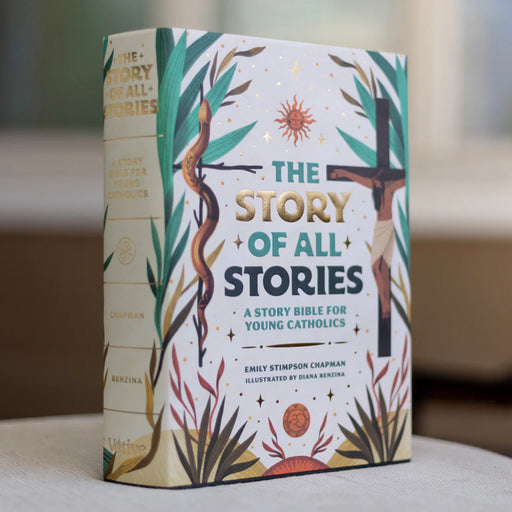Book titled 'The Story of All Stories' for young Catholics on a blurred background