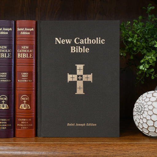 Black hardcover Bible on a wood shelf
