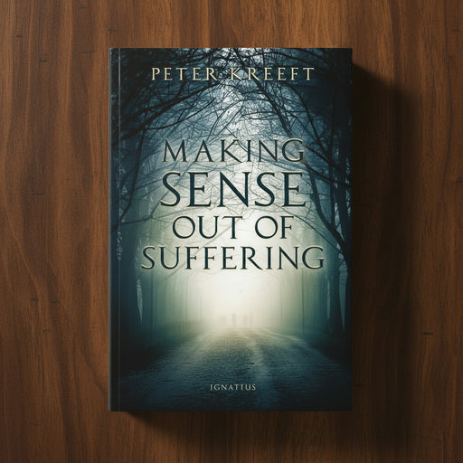 Book titled 'Making Sense Out of Suffering' by Peter Kreeft on a wooden surface