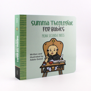 Book titled 'Summa Theologiae for Babies' with a cartoon illustration of a baby in a chair on a light green background.