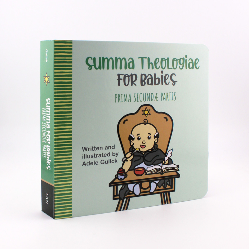 Book titled 'Summa Theologiae for Babies' with a cartoon illustration of a baby in a chair on a light green background.